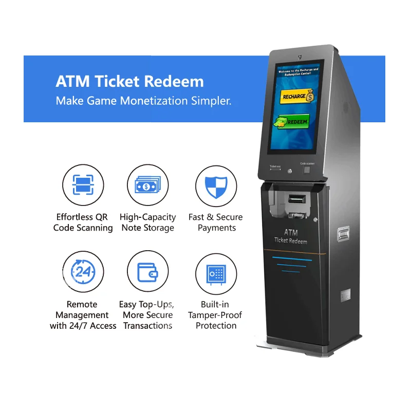 Smart ATM Ticket Redeem with Software/UPS/Change Module Optional Simplifies Game Monetization Effortless QR Code Scanning